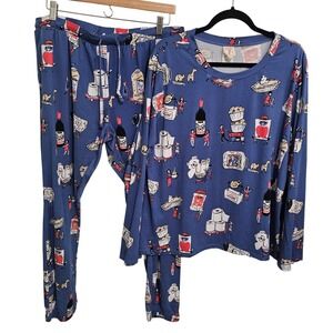 Munki x Costco Womens Pajama Set‎ Long Sleeve Top Pants Blue Novelty Print XXL